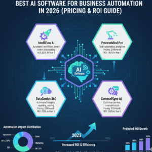 buatkan gambar tentang judul ini “Best AI Software for Business Automation in 2026 (Pricing & ROI Guide)" dengan ukuran landscape dengan resolusi 16 : 9