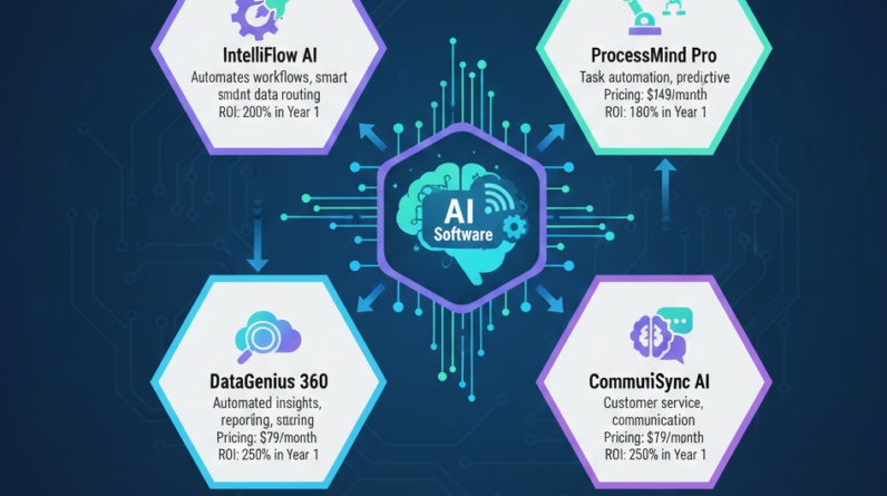 buatkan gambar tentang judul ini “Best AI Software for Business Automation in 2026 (Pricing & ROI Guide)" dengan ukuran landscape dengan resolusi 16 : 9