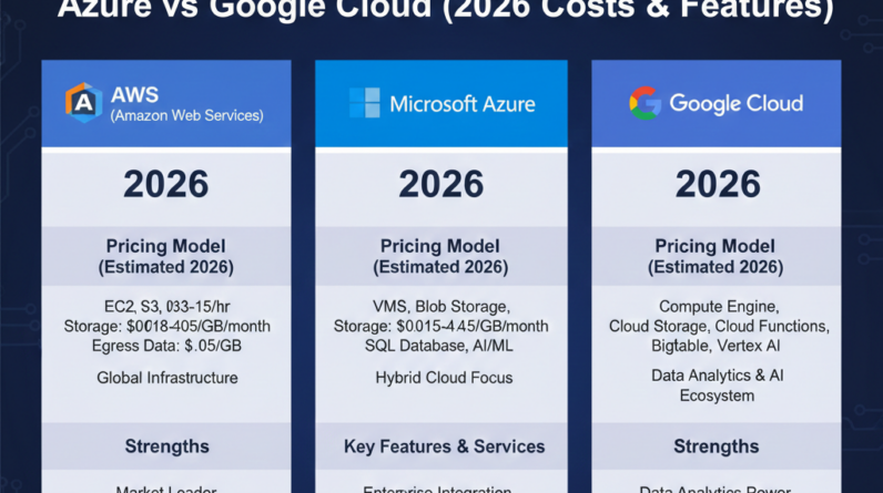 cloud computing, AWS, Microsoft Azure, Google Cloud, cloud pricing, cloud comparison, IT infrastructure, cloud services, AI cloud, data analytics, enterprise software, SaaS, tech trends 2026