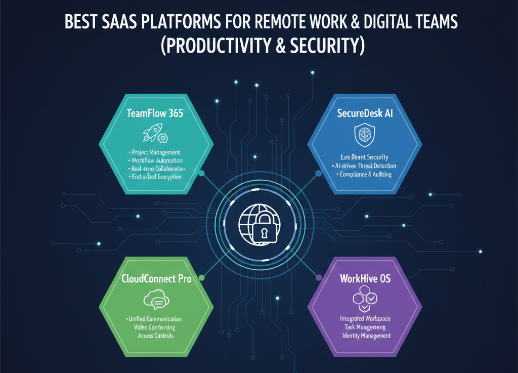 remote work, SaaS tools, digital teams, productivity software, security software, collaboration platforms, cloud productivity, identity management, endpoint security, workflow automation, hybrid workforce, cyber security, team communication, project management tools, secure file sharing, business software, 2026 tech trends